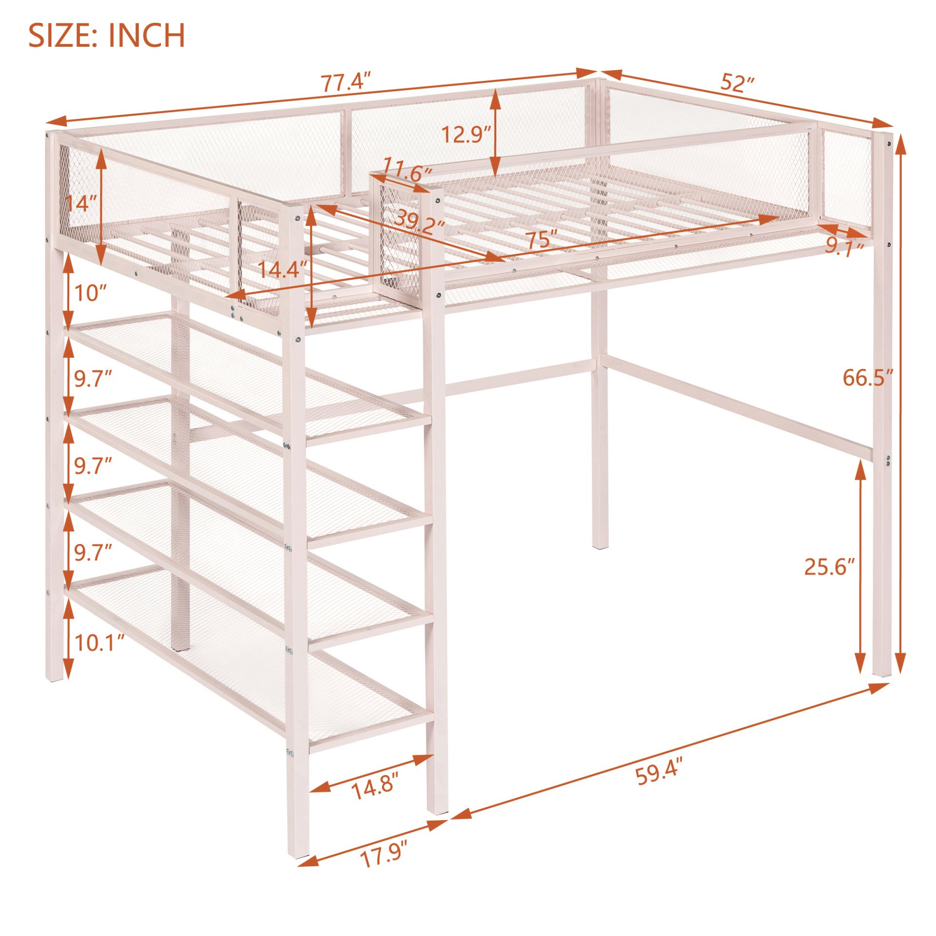 Twin Size Loft Bed With 4 Tier Shelves And Storage - Pink - Image 9