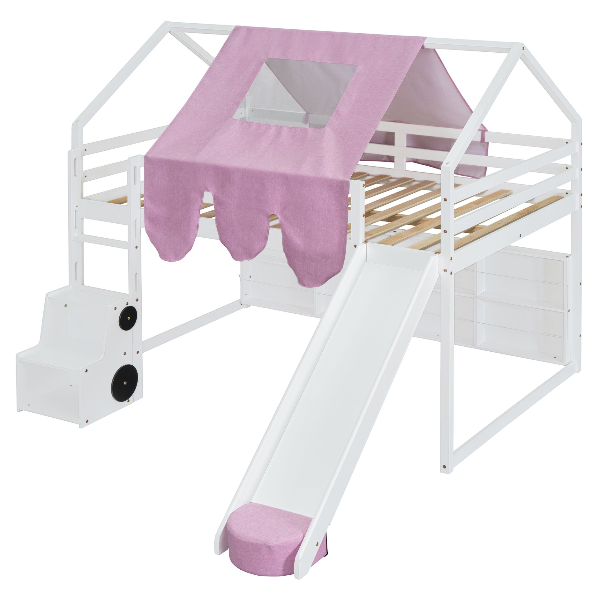 Full Size Loft Bed With House Shaped Frame And Tent - White / Pink - Image 9