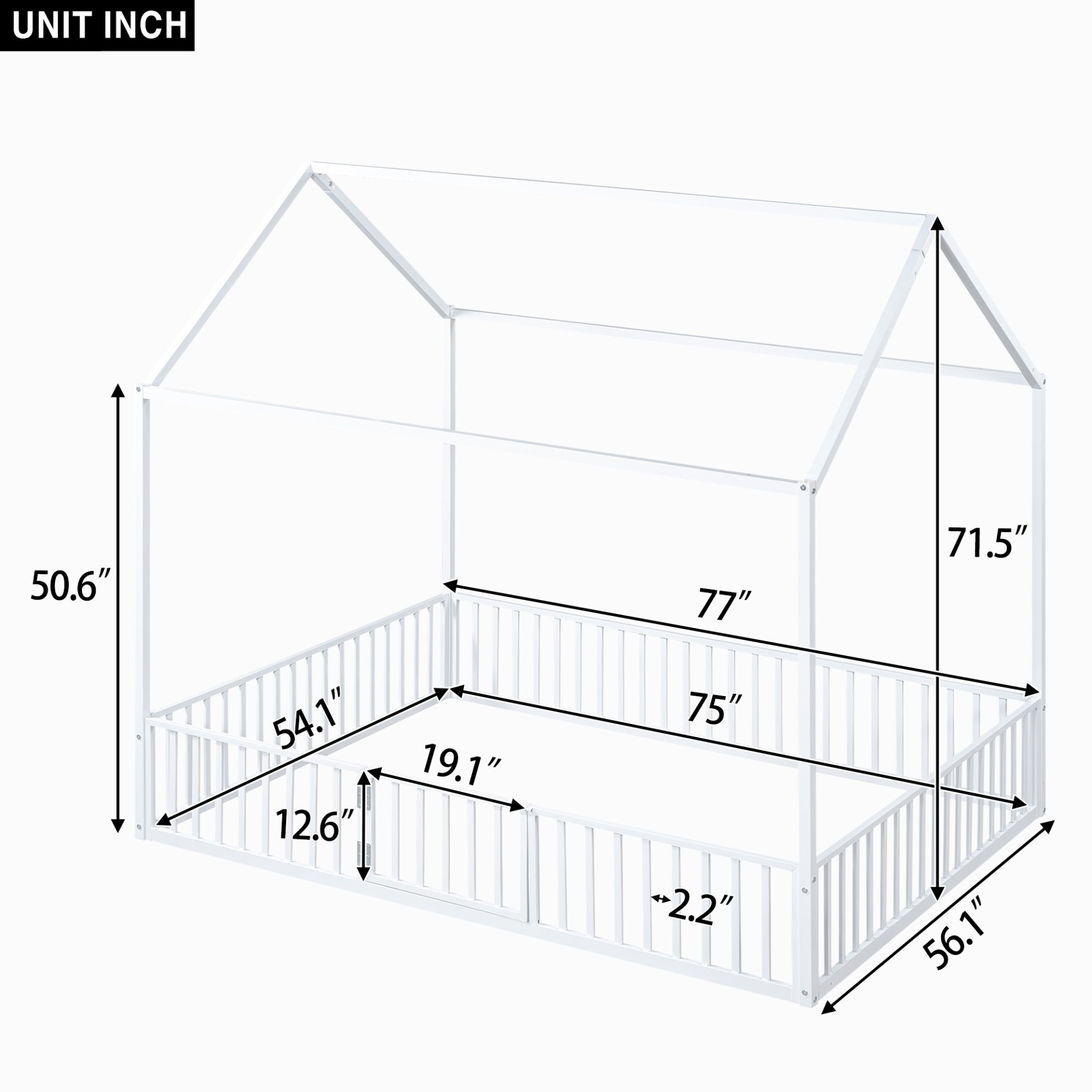 Full Size Metal House Bed With Fence And Door - White - Image 11