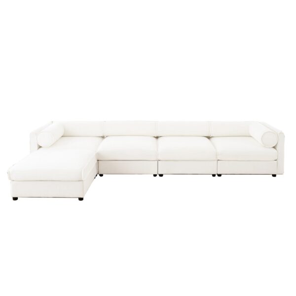 Modular Sectional Sofa With Storage, Cylindrical Support Chenille 4 Seat L Shaped Design - White