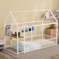 Twin Size Bed House Frame With Desk, Shelves, Power Outlets And USB Ports - White