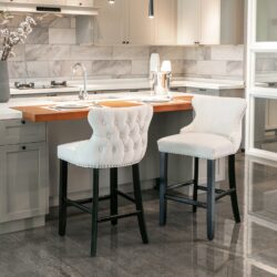 Contemporary Velvet Upholstered Wing-Back Barstools With Button Tufted Decoration And Wooden Legs, And Chrome Nailhead Trim, Leisure Style Bar Chairs, Bar Stools (Set of 2) - Beige