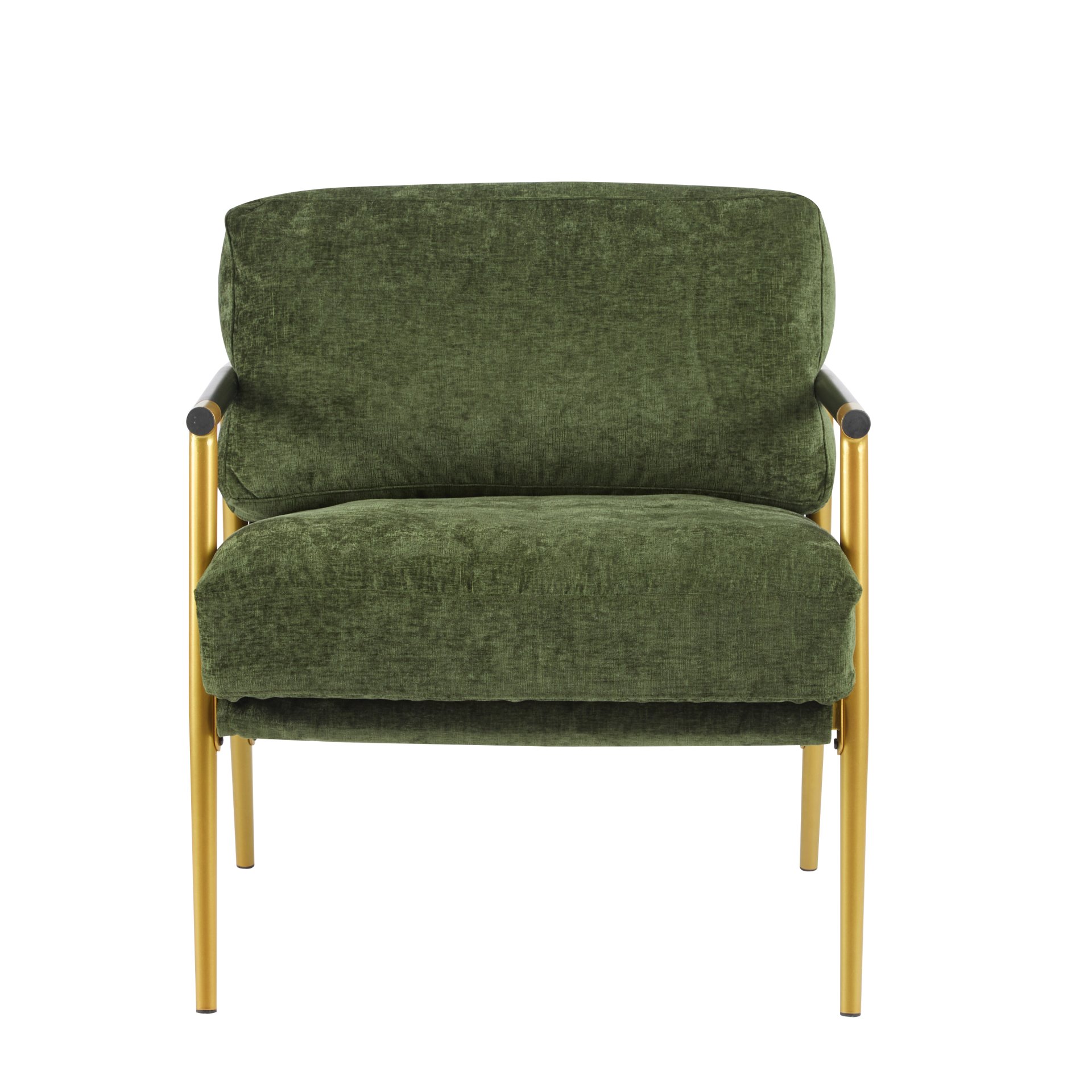 Modern Accent Chair With Plush Cushions, Minimalist Metal Frame, & Wooden Armrest Design - Gold / Green - Image 7