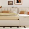 Queen & Twin Long Size Upholstered Platform Bed, Mother & Child Bed With Hydraulic Storage System, Drawer Box, Bedhead Storage Shelf And 2 Pairs Of Sockets & USB Ports - Beige - Image 21