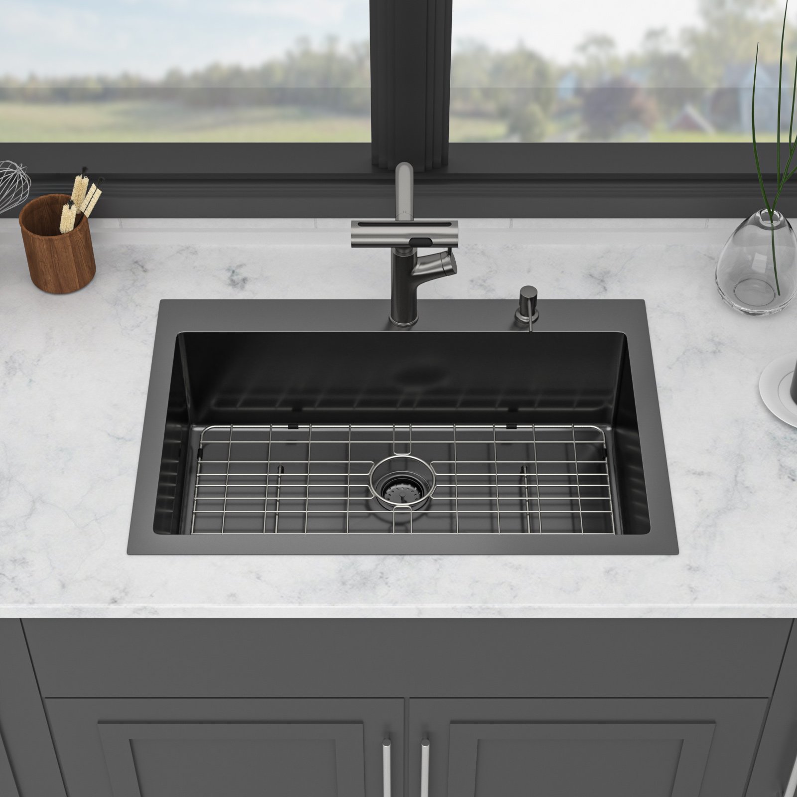30" Drop In Kitchen Sink With Pull Out Faucet And Soap Dispenser 16 Gauge T 304 Single Bowl Topmount Sink - Gunmetal Black - Image 2