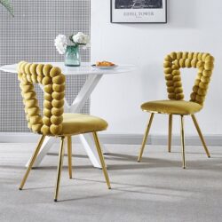 Modern Chair With Iron Tube Legs, Soft Cushions And Comfortable Backrest, Suitable For Dining Room, Living Room, Cafe, Hairball Back (Set of 2) - Yellow