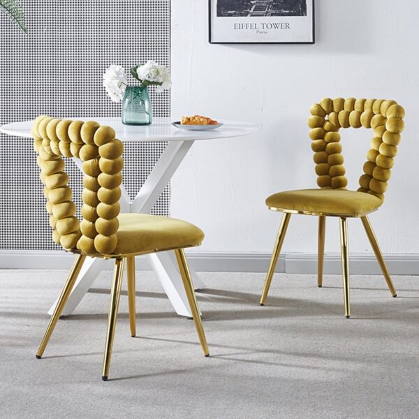 Modern Chair With Iron Tube Legs, Soft Cushions And Comfortable Backrest, Suitable For Dining Room, Living Room, Cafe, Hairball Back (Set of 2) - Yellow