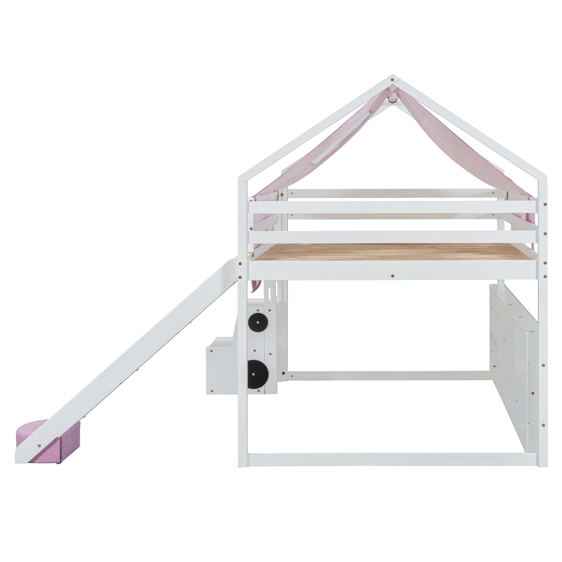 Full Size Loft Bed With House Shaped Frame And Tent - White / Pink - Image 17
