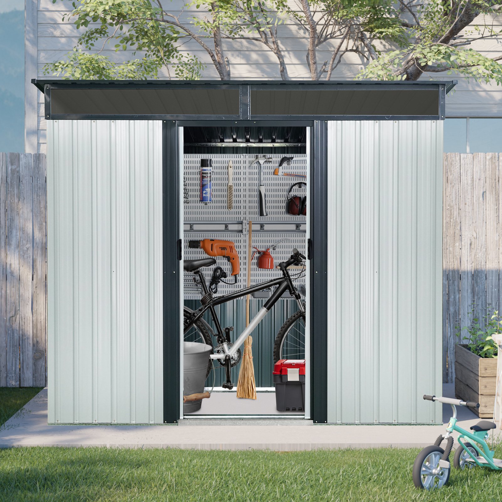 8 Ft X 6 Ft Outdoor Metal Storage Shed With Window And Transparent Plate For Garden, Lawn - White / Black - Image 5