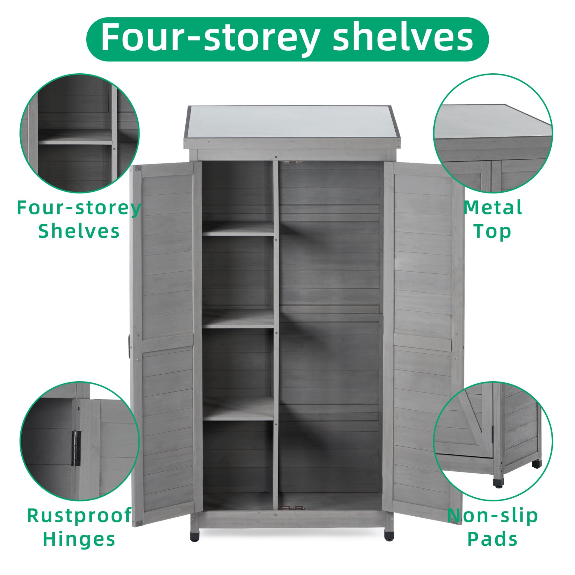 Wood Outdoor Storage Cabinet With Metal Top Garden Shed For Yard And Patio - Gray - Image 4