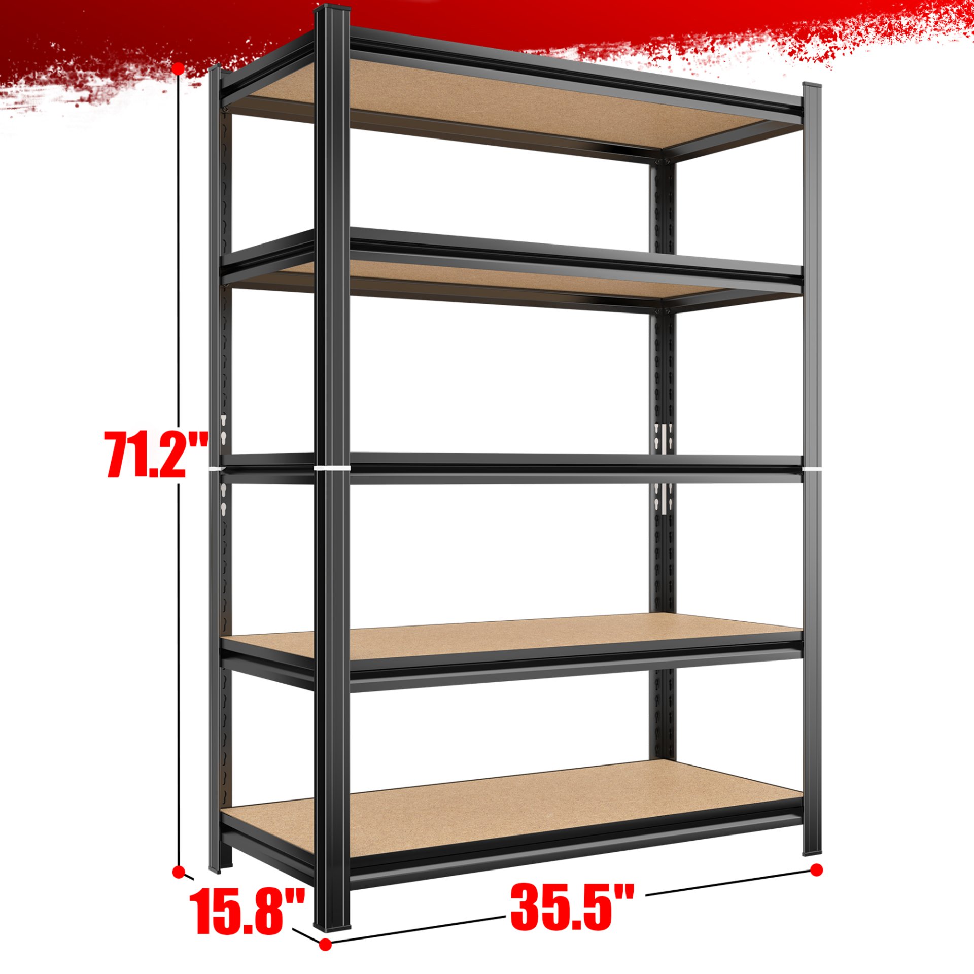 5 Tier Storage Rack, Adjustable Height Shelving, Warehouse Supermarket Basement Storage - Black - Image 3