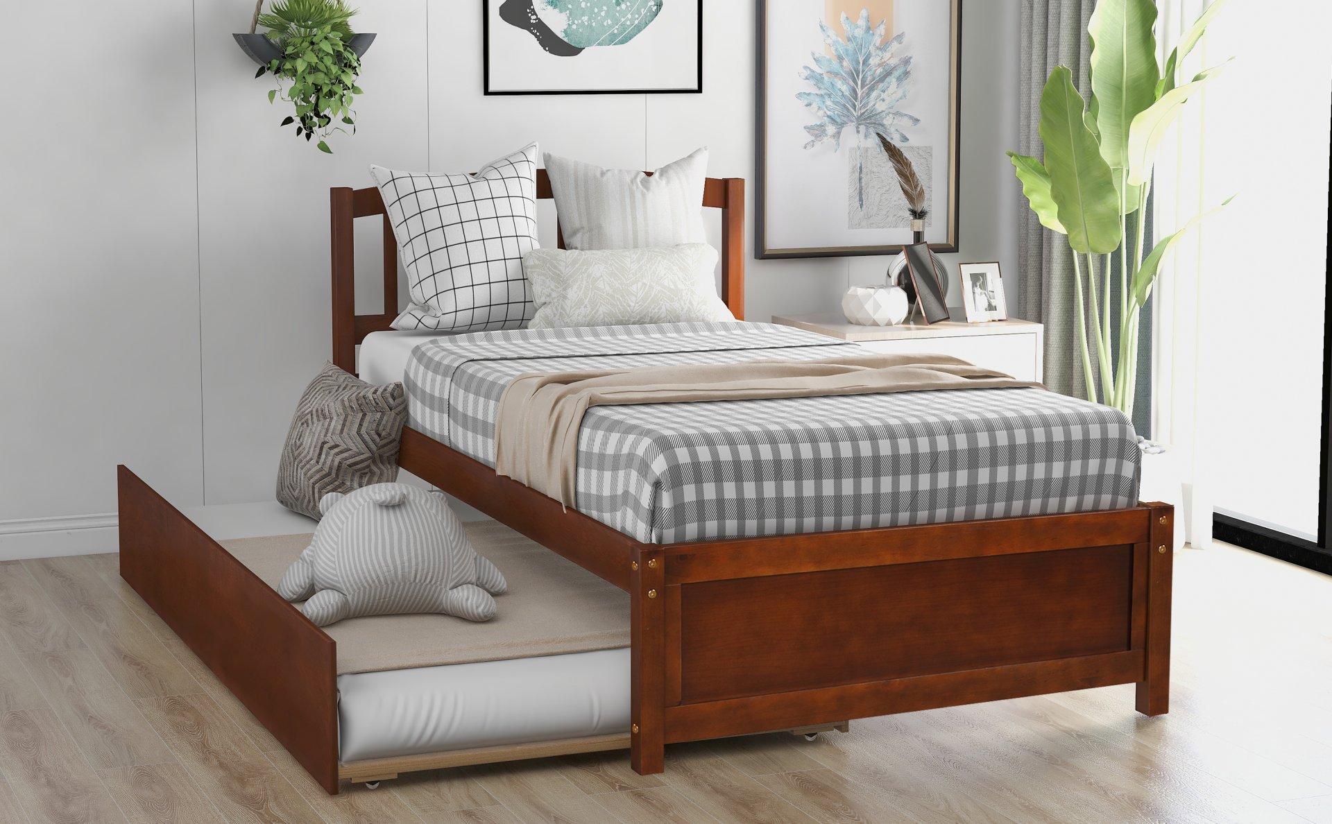 Twin Size Platform Bed Frame With Trundle - Walnut - Image 3