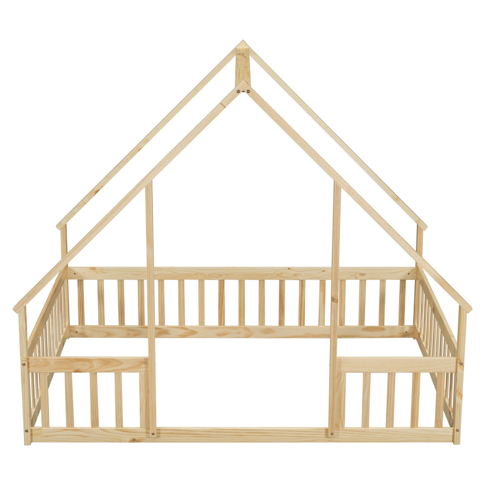 Full Wood House-Shaped Floor Bed With Fence, Guardrails - Natural - Image 18
