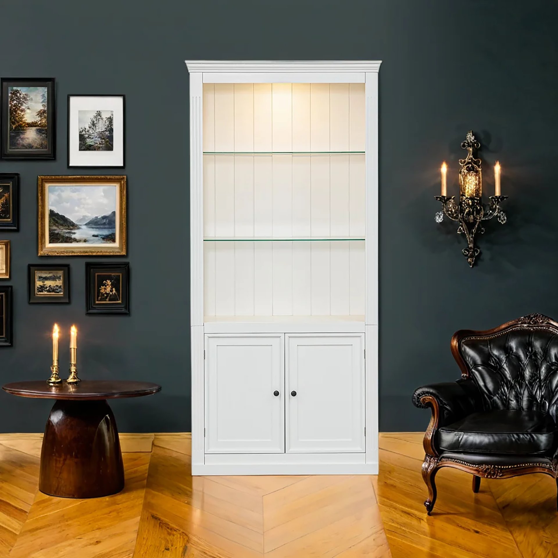 Retro Style Display Bookcase With Adjustable LED Ceiling Light And Tempered Glass Shelves - White - Image 6