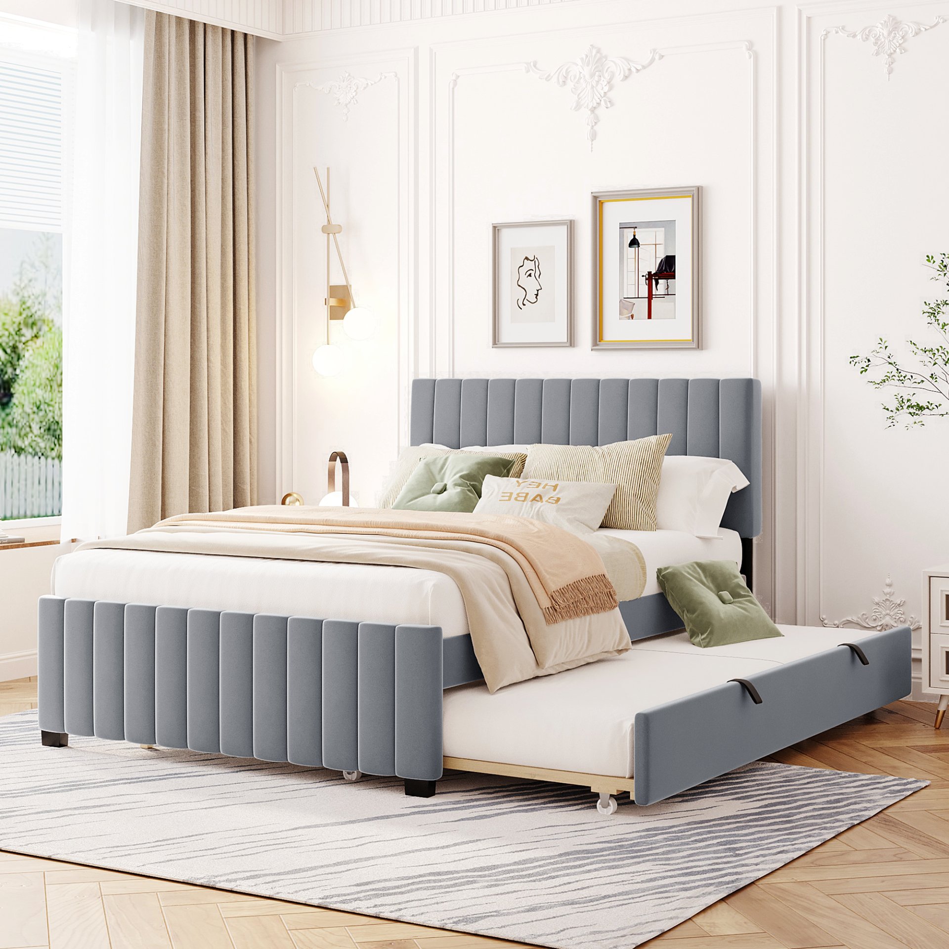 Full Size, Upholstered Platform Bed With Twin Size Trundle, Elegant Design - Gray - Image 2
