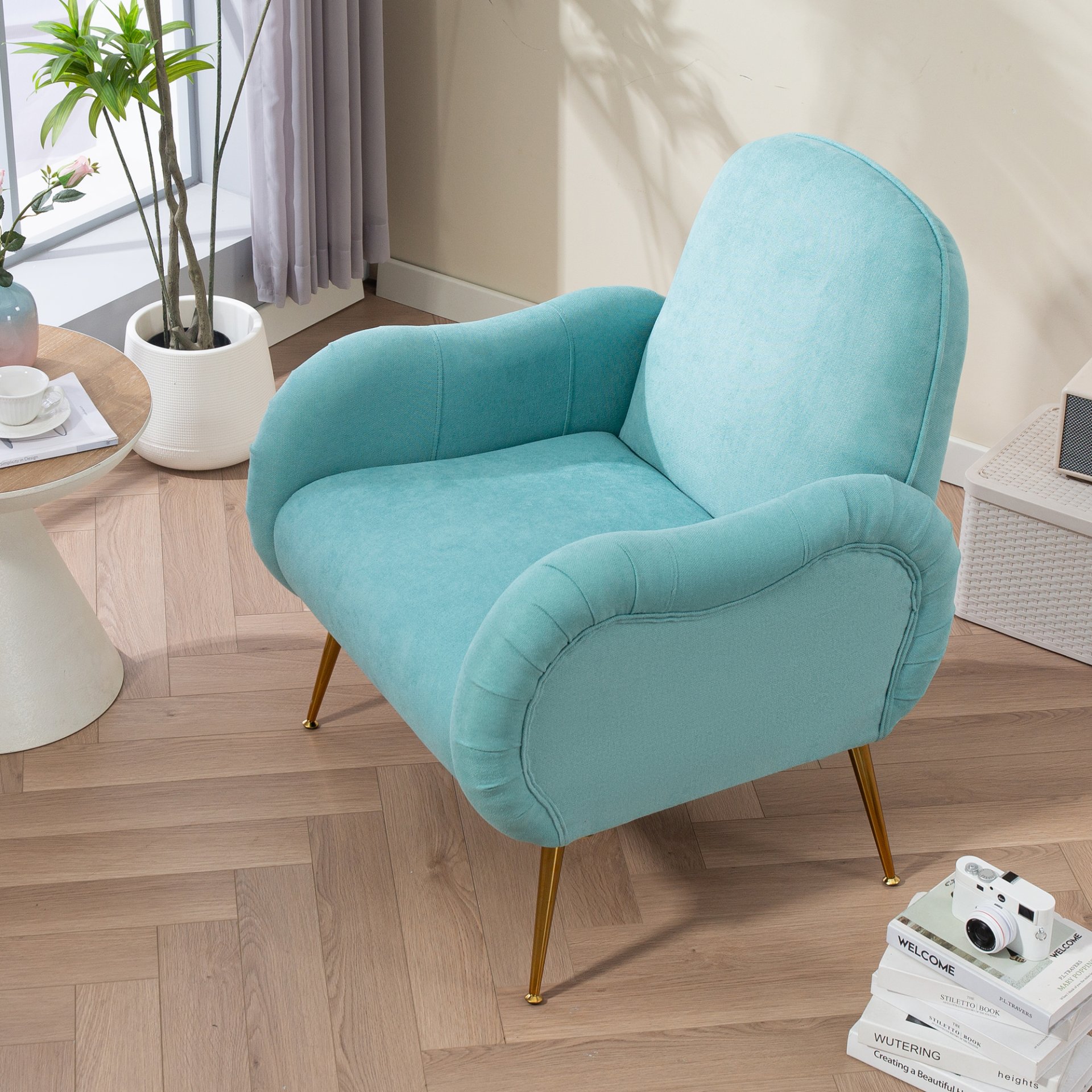 Modern Accent Chair With Metal Legs, Snowflake Fabric Armchair - Cyan - Image 4