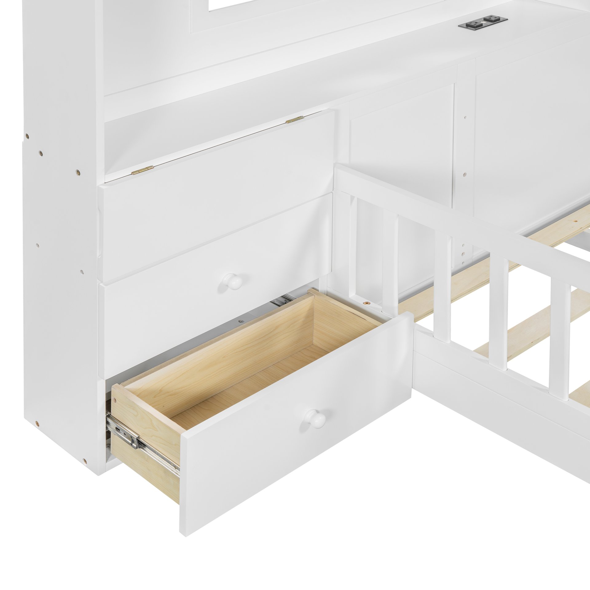 Full Size House Bed With Window And Bedside Drawers, Platform Bed With Shelves And A Set Of Sockets And USB Port - White - Image 14