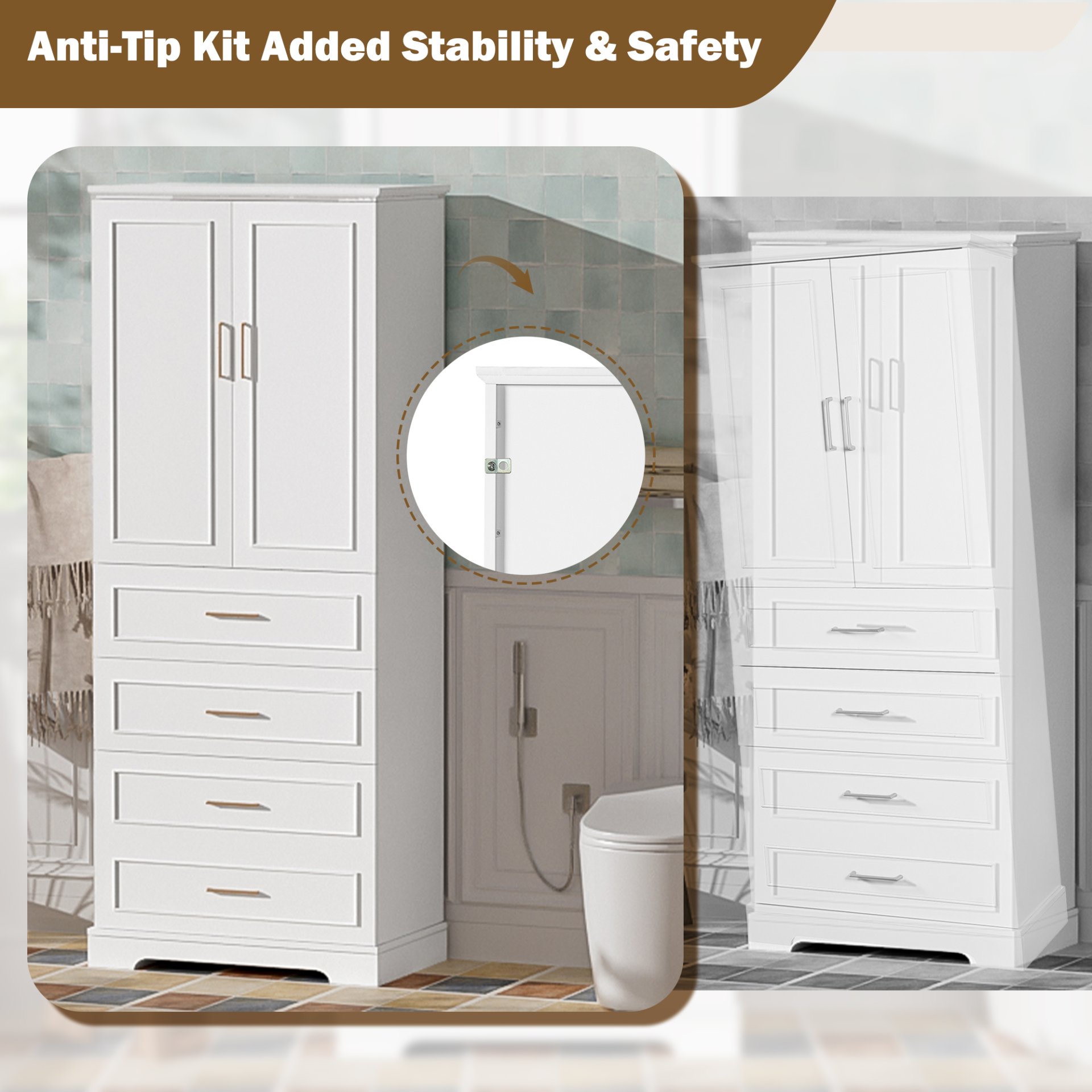 Bathroom Cabinet With 3 Drawers, Adjustable Shelf, Panels, Steel Handles, Soft Close Doors - White - Image 9