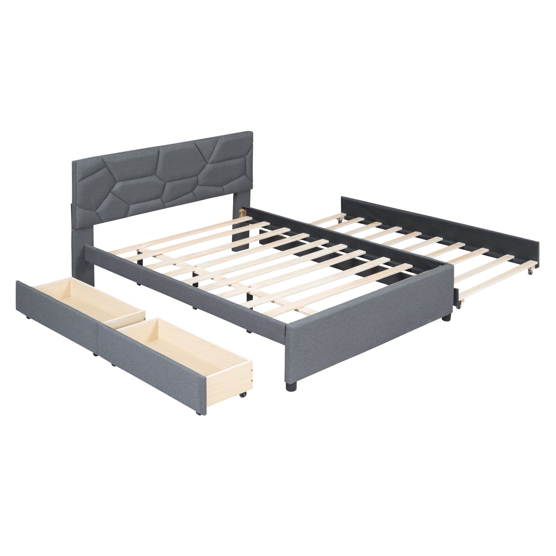 Full Size Upholstered Platform Bed With Brick Pattern Headboard, With Twin Size Trundle And 2 Drawers - Gray - Image 9