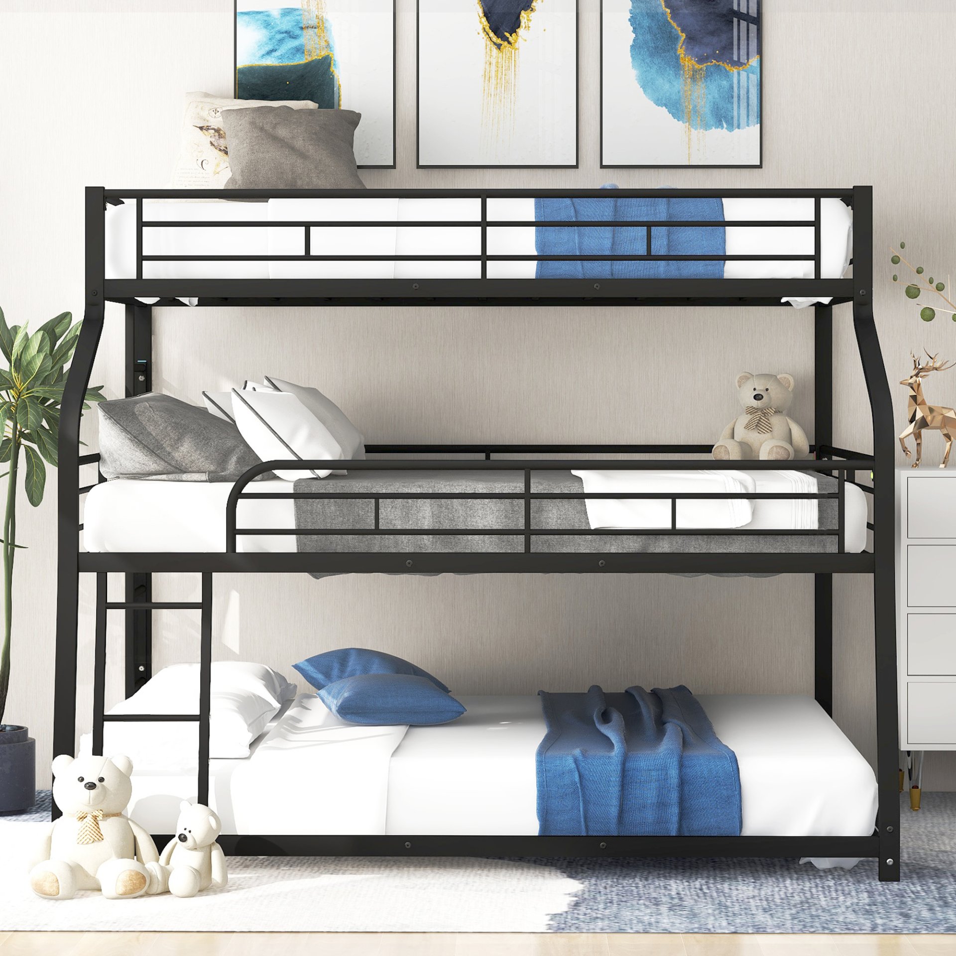 Twin Long / Full Long / Queen Triple Bunk Bed With Long And Short Ladder And Full-Length Guardrails - Black - Image 2