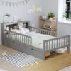 Twin Size Bed With Headboard Storage Rack, 2 Under Bed Drawers, 3 - Side Guardrails For Safety And Security - Gray - Image 2