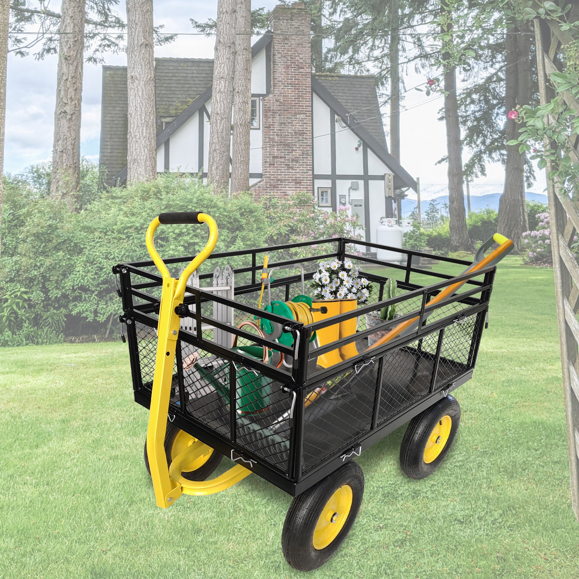 Steel Garden Cart, Heavy Duty 1400 Lbs Capacity, With Removable Mesh Sides To Convert Into Flatbed, Utility Metal Wagon With 2-In-1 Handle And 16 In Tires, Perfect For Garden, Farm, Yard - Black - Image 2
