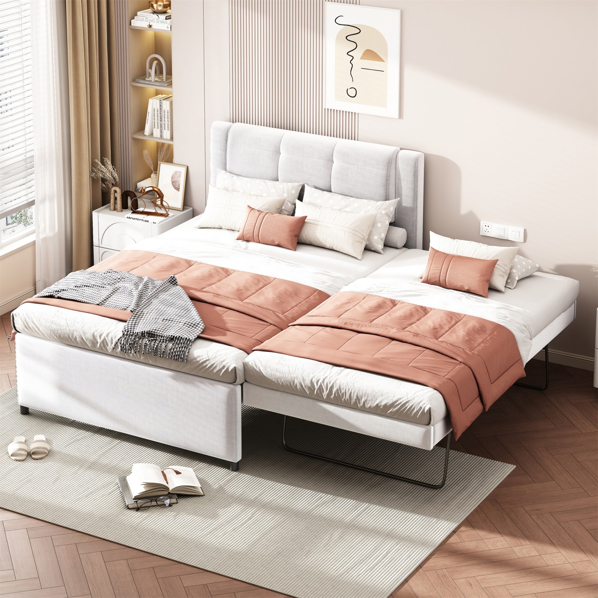 Full Size Upholstery Platform Bed With Trundle,Trundle Can Be Flat Or Erected - Beige - Image 2