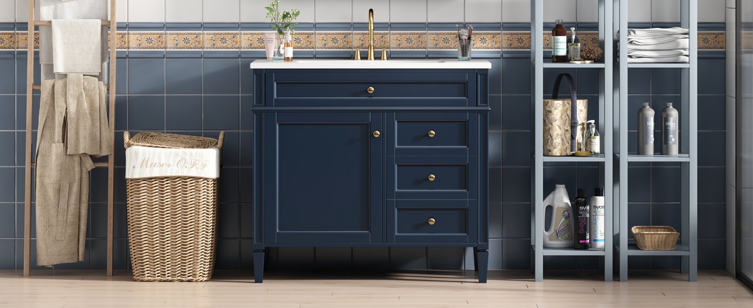 Bathroom Vanity With Top Sink, Modern Bathroom Storage Cabinet With 2 Drawers And A Tip-Out Drawer, Single Sink Bathroom Vanity - Blue - Image 22