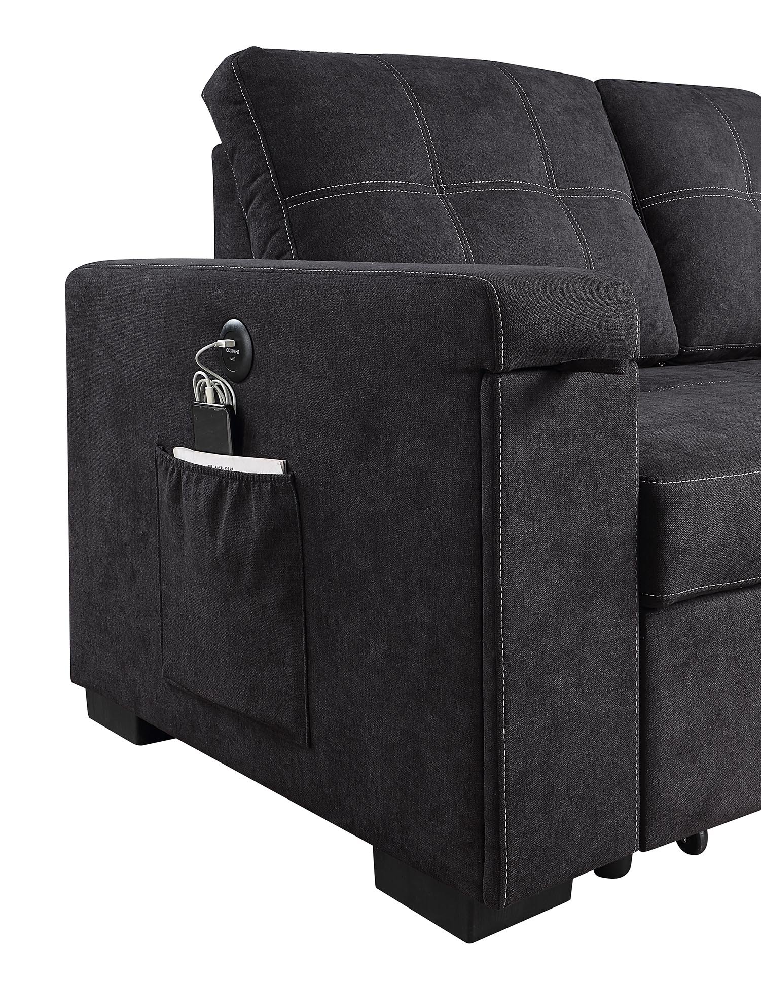 Toby - Reversible Sleeper Sectional Sofa With Storage Chaise Cup Holder Charging Ports And Pockets - Black - Image 6
