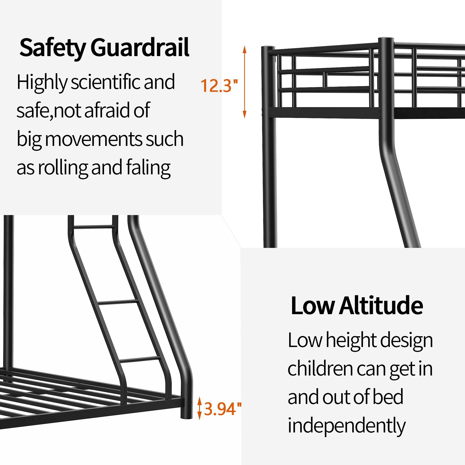 Twin Over Full Metal Bunk Bed Frame With Ladder And Guardrail, Heavy Duty Noise Free Design Metal Construction - Black - Image 11