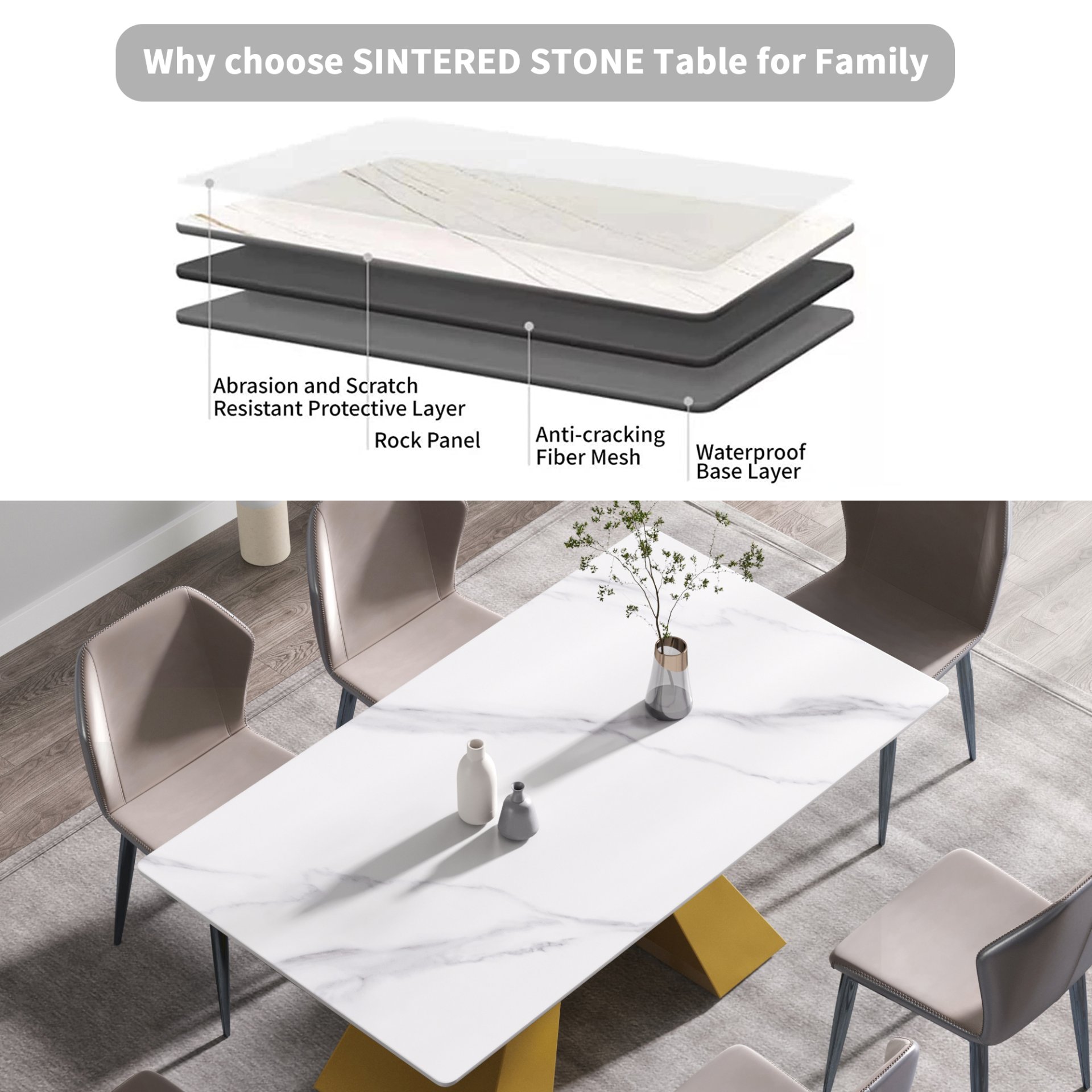 63" Modern Artificial Stone Straight Edge Golden Metal Leg Dining Table - White / Gold - Image 8