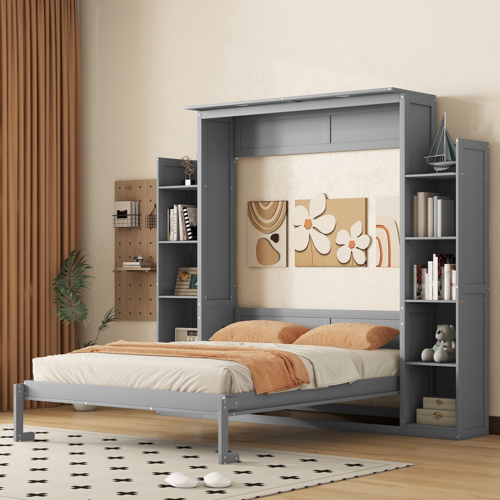 Queen Size Murphy Wall Bed With Shelves And LED Lights - Gray - Image 2