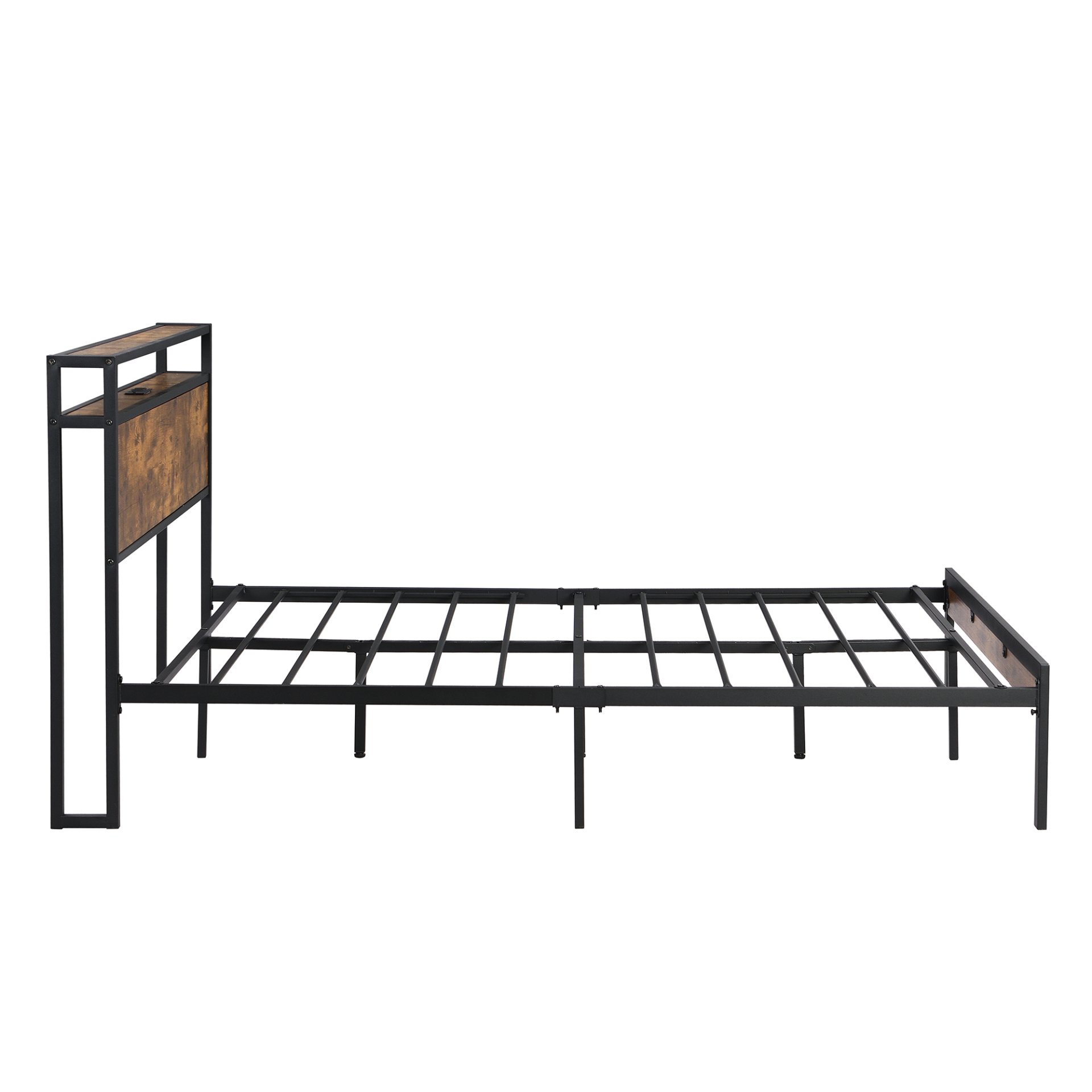 Full Size Metal Platform Bed Frame With Wooden Headboard And Footboard With USB Liner, No Box Spring Needed, Large Under Bed Storage - Brown - Image 6