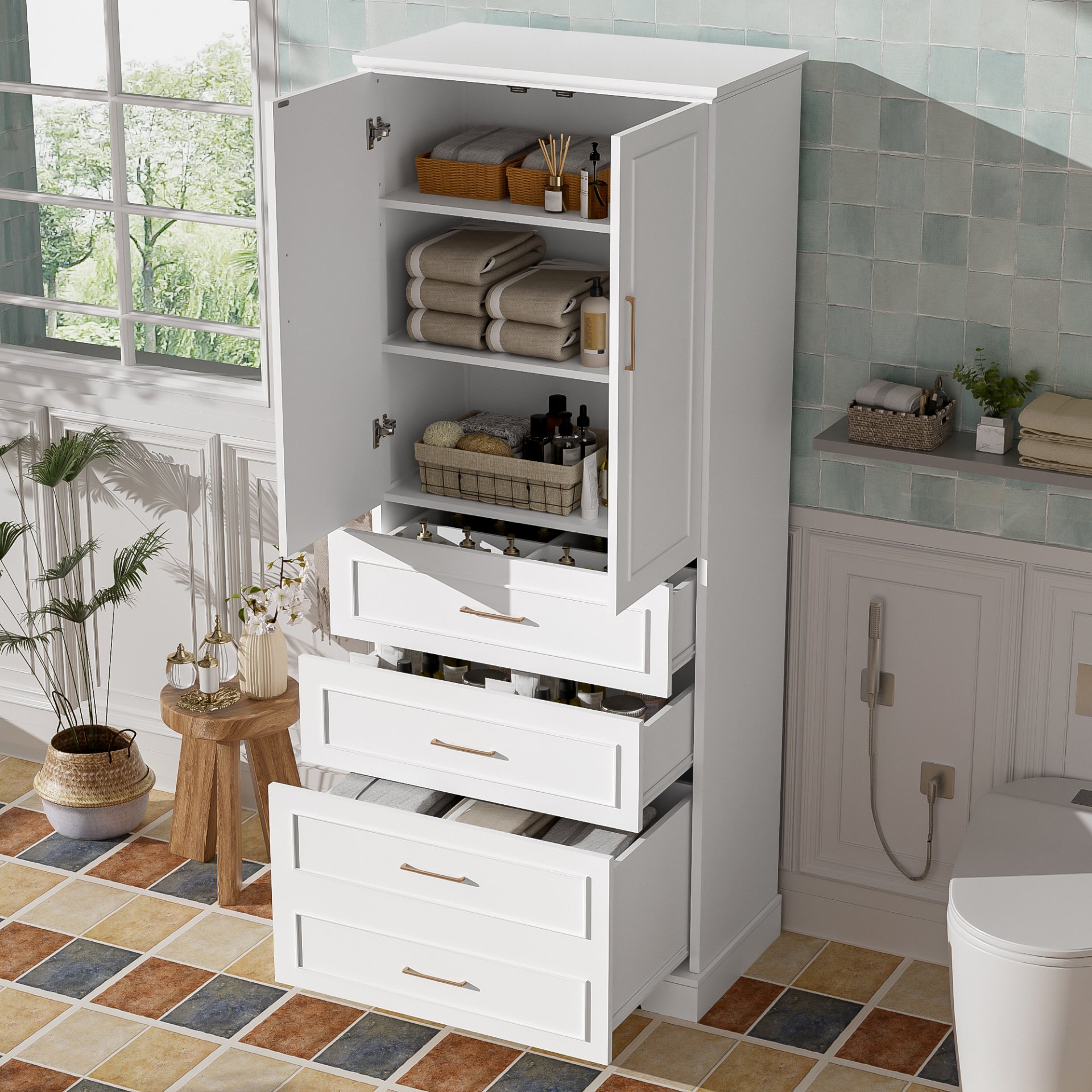 Bathroom Cabinet With 3 Drawers, Adjustable Shelf, Panels, Steel Handles, Soft Close Doors - White - Image 4