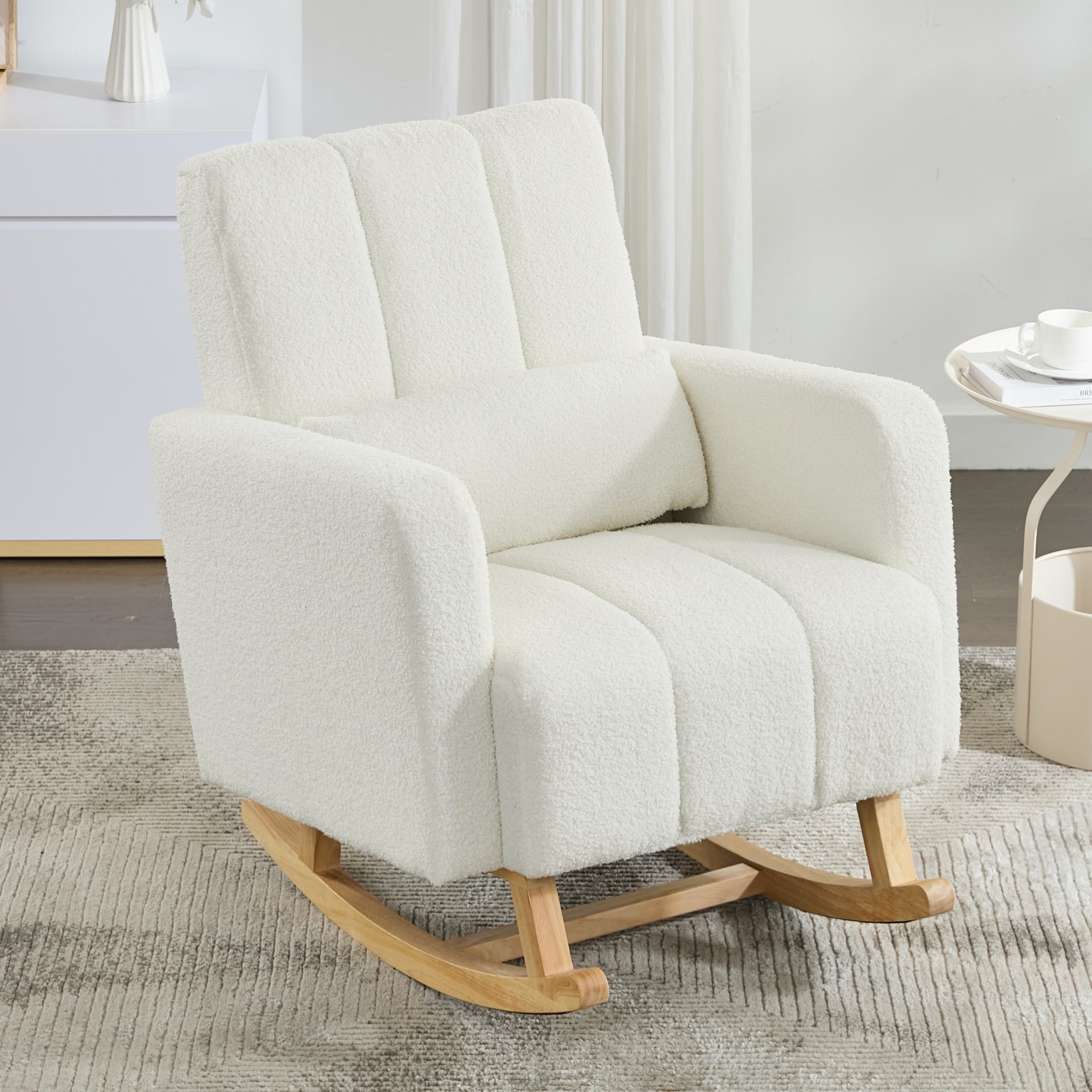 Accent Rocking Chair With Pillow, Spacious & Comfortable Seating For Living Room Or Bedroom - Cream White - Image 4
