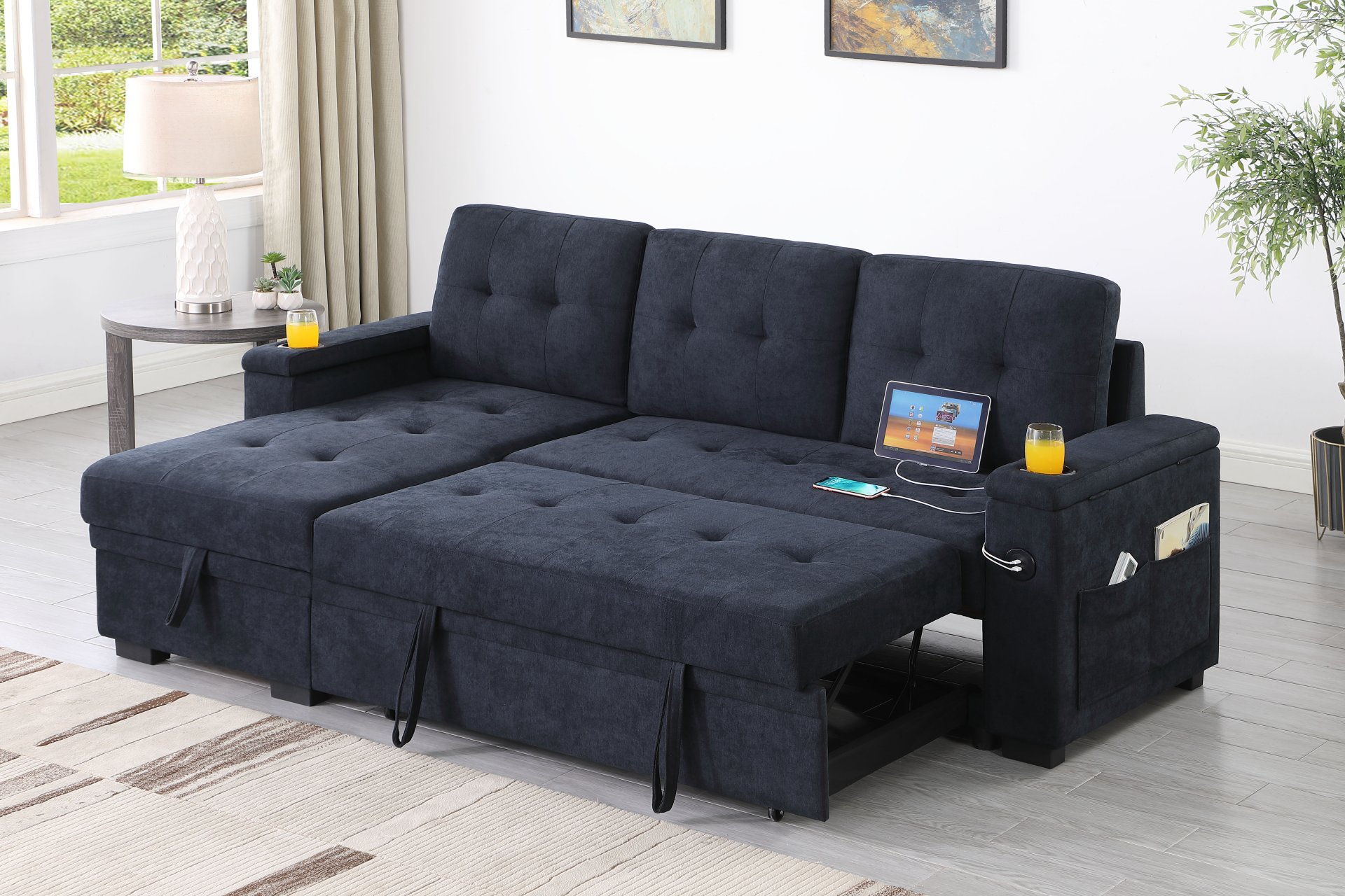 Ashlyn II - Woven Fabric Reversible Sleeper Sectional Sofa With Storage Chaise, Storage Arm, Cup Holder, Charging Ports, Side Pockets, and Pocket Coil Seating - Dark Gray - Image 2