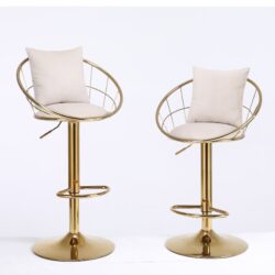 Velvet Bar Chair, Pure Gold Plated, Unique Design, 360 Degree Rotation, Adjustable Height, Suitable For Dining Room And Bar, (Set of 2) - Off White