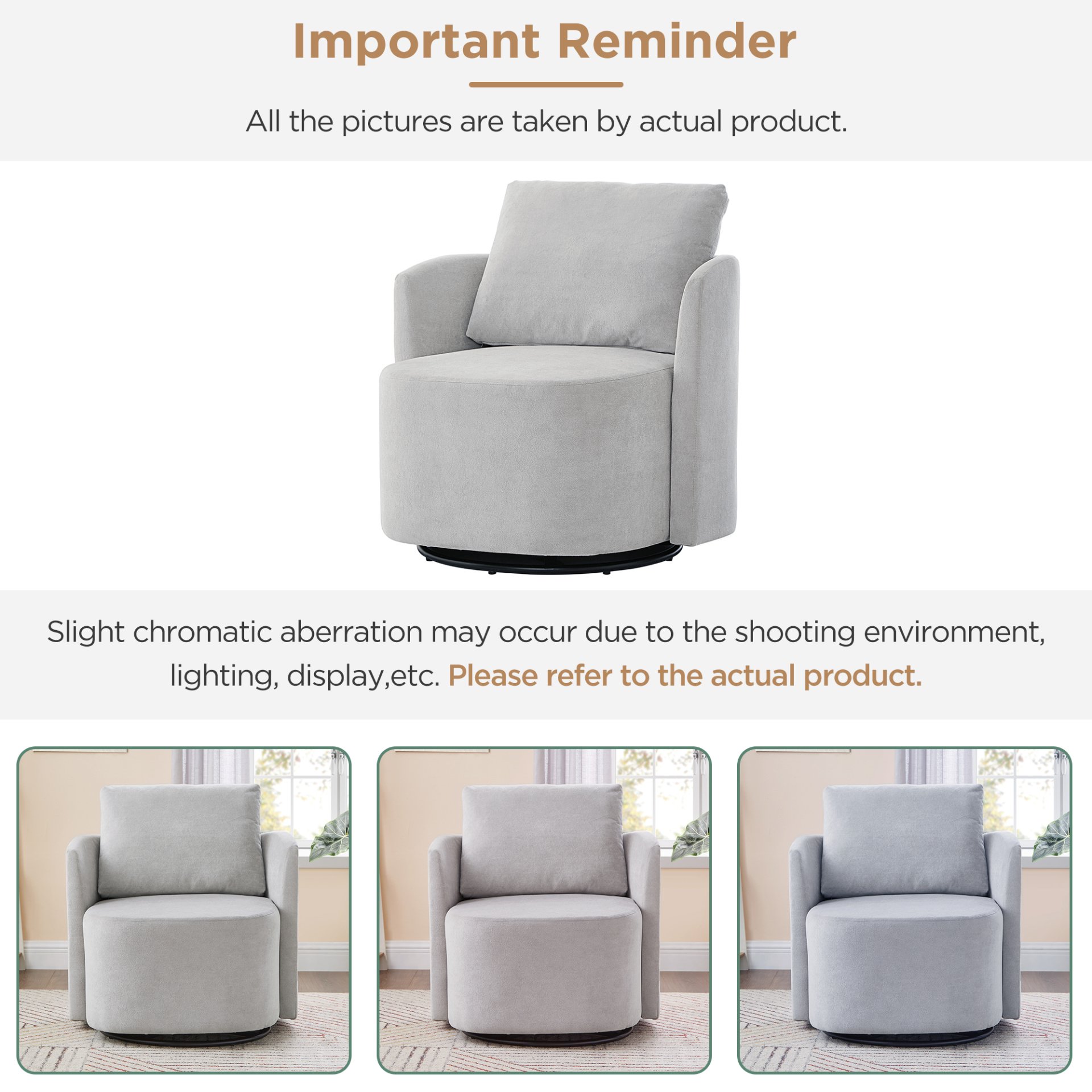 Modern 360° Swivel Accent Barrel Armchair Chenille, Upholstered With Curved Design For Living Room, Bedroom, Office, And Hotel - Gray - Image 9