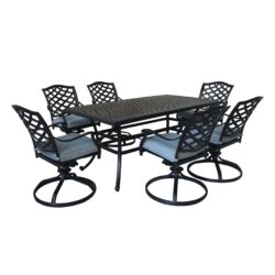Aluminum 7 Piece Rectangular Dining Set With 6 Swivel Rockers - Light Blue