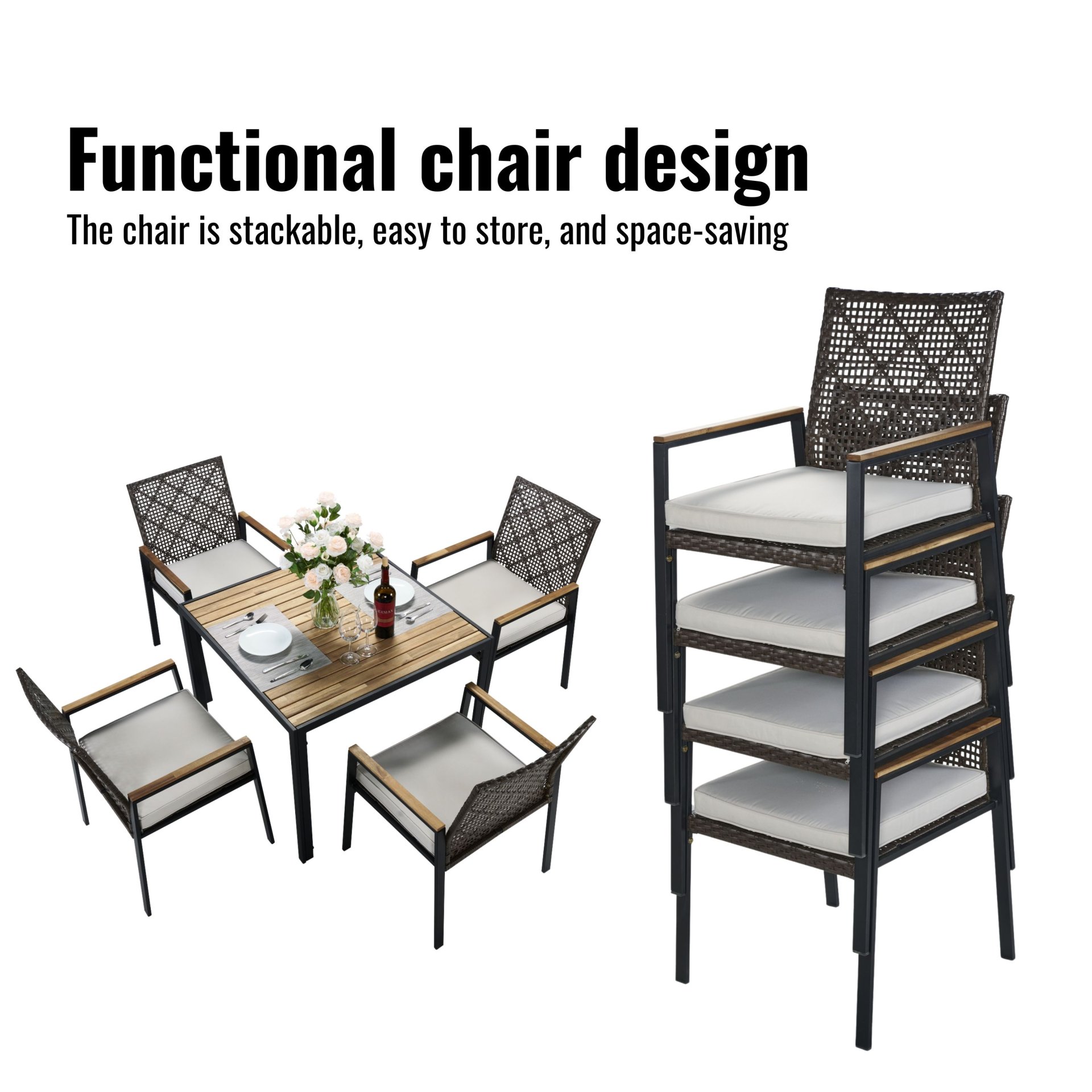 All Weather 5 Piece Patio Dining Table Set, Acacia Wood Table Top With Umbrella Hole, Rattan Outdoor - Coffee Brown - Image 7