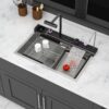 30" Kitchen Sink Waterfall Single Bowl Ledge Workstation With Smart LED Faucet, 16 Gauge T304 - Brushed Nickel - Image 4