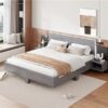 King Size Floating Platform Bed, With LED Lights, Bedside Nightstand - Gray - Image 6