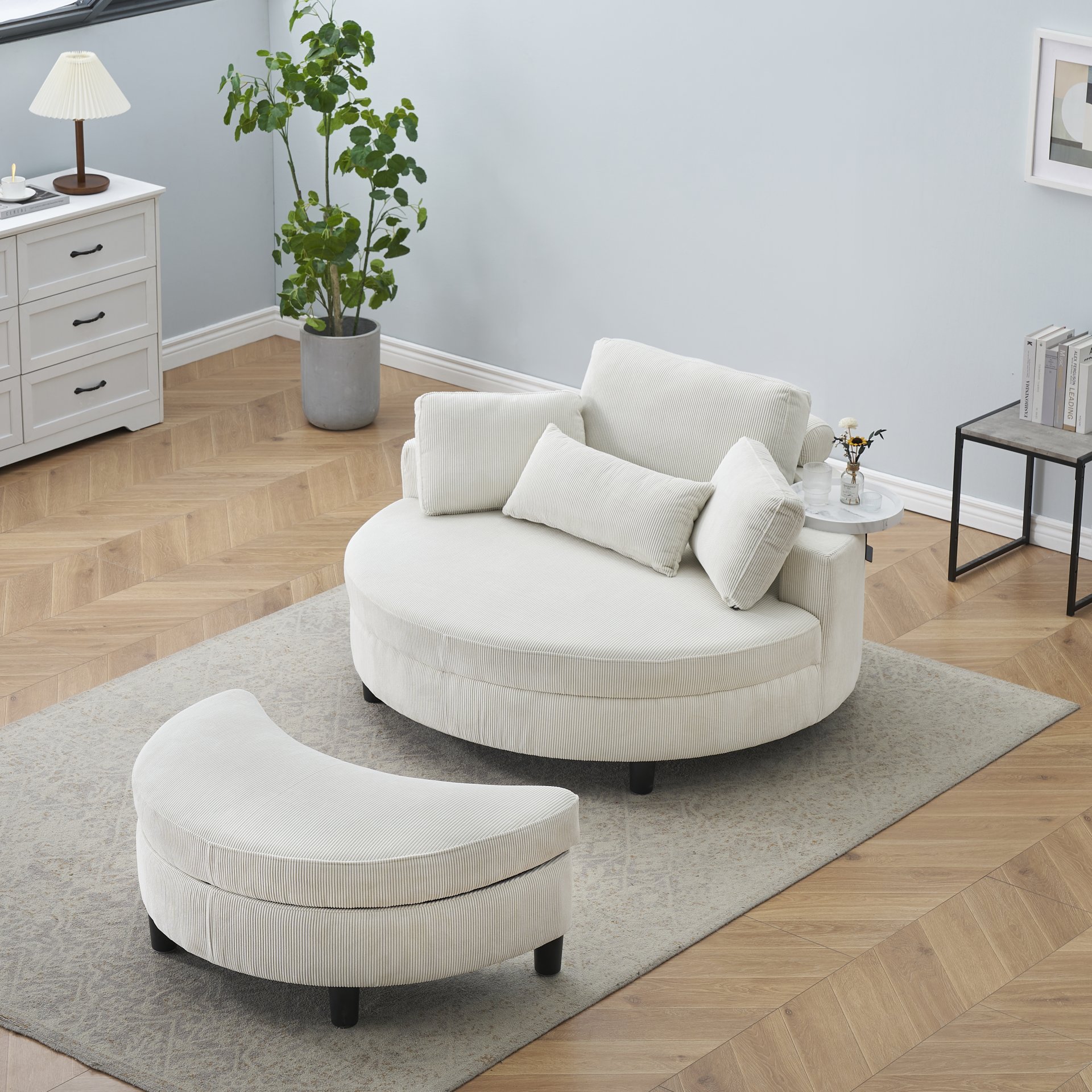 Corduroy Sofa With Two Throw Pillows And A Waist Pillow With An Extra Tray For Comfortable Seating Suitable For Small Apartment Bedroom Space - Beige - Image 4