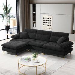 L Shaped Convertible Sectional Sofa 4 Seat Tufted Couch Set With Two Tone Adjust Legs Cloud Movable Ottoman - Black