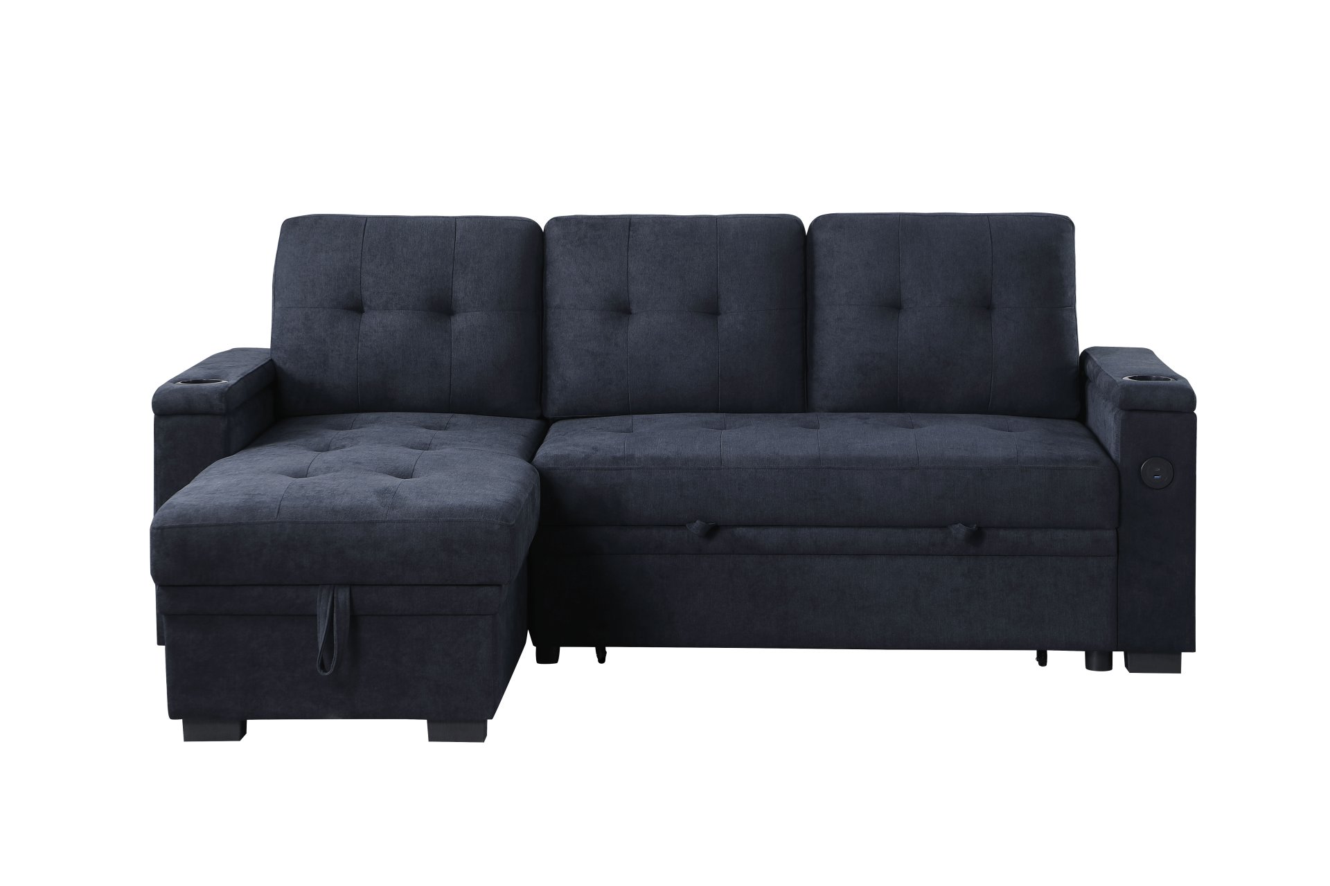 Ashlyn II - Woven Fabric Reversible Sleeper Sectional Sofa With Storage Chaise, Storage Arm, Cup Holder, Charging Ports, Side Pockets, and Pocket Coil Seating - Dark Gray - Image 9
