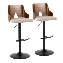 Ariana - Mid-Century Modern Adjustable Barstool Stool With Swivel With Rounded T Footrest (Set of 2) - Black / Walnut / Beige