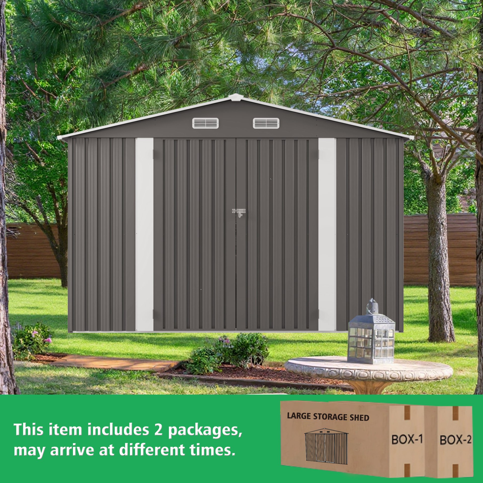Large Metal Garden Shed With Double Door And Windows Waterproof Tool Shed - Gray - Image 9
