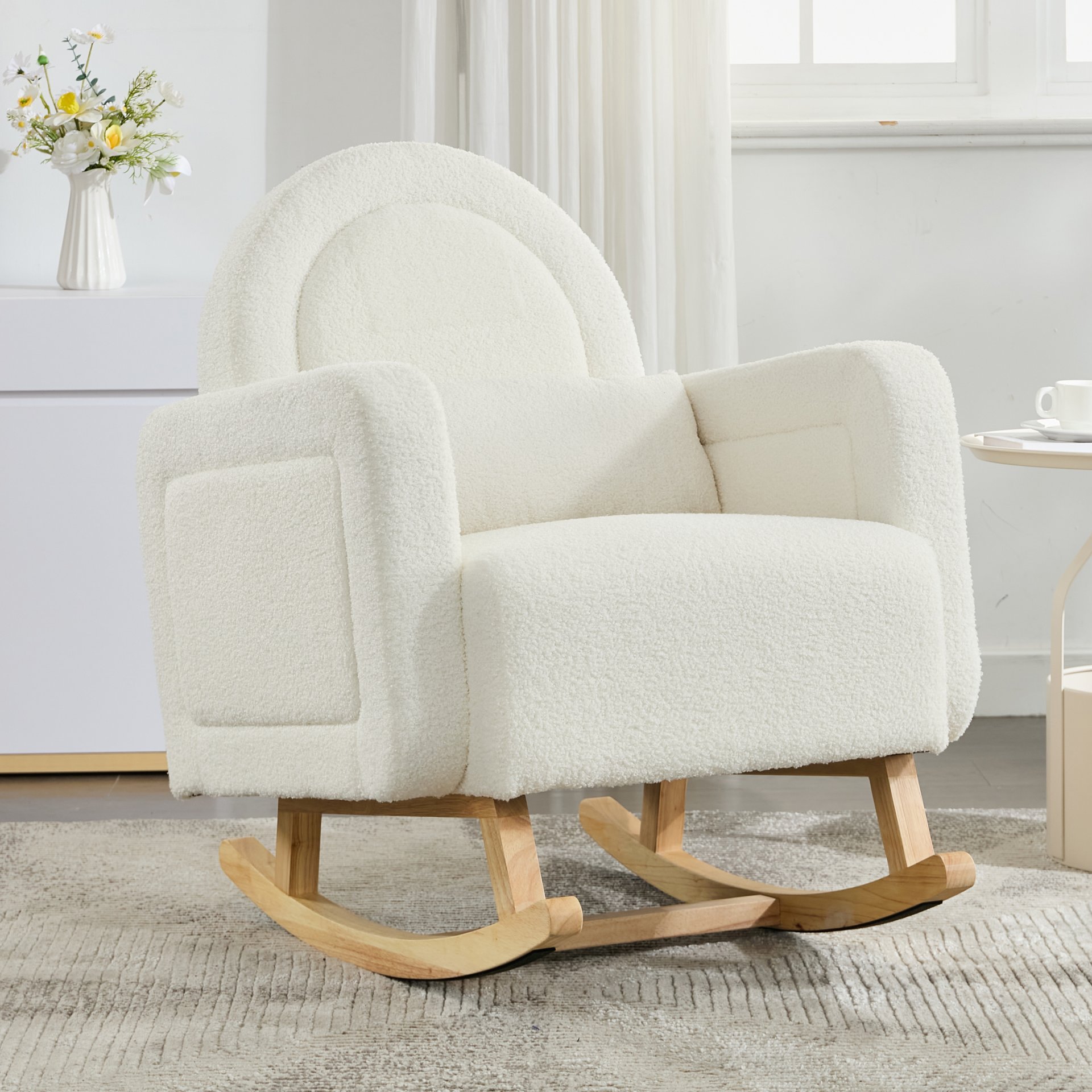Accent Rocking Chair With Curved Back & Pillow, Base, Ultimate Comfort For Living Room Or Nursery - Cream White - Image 2