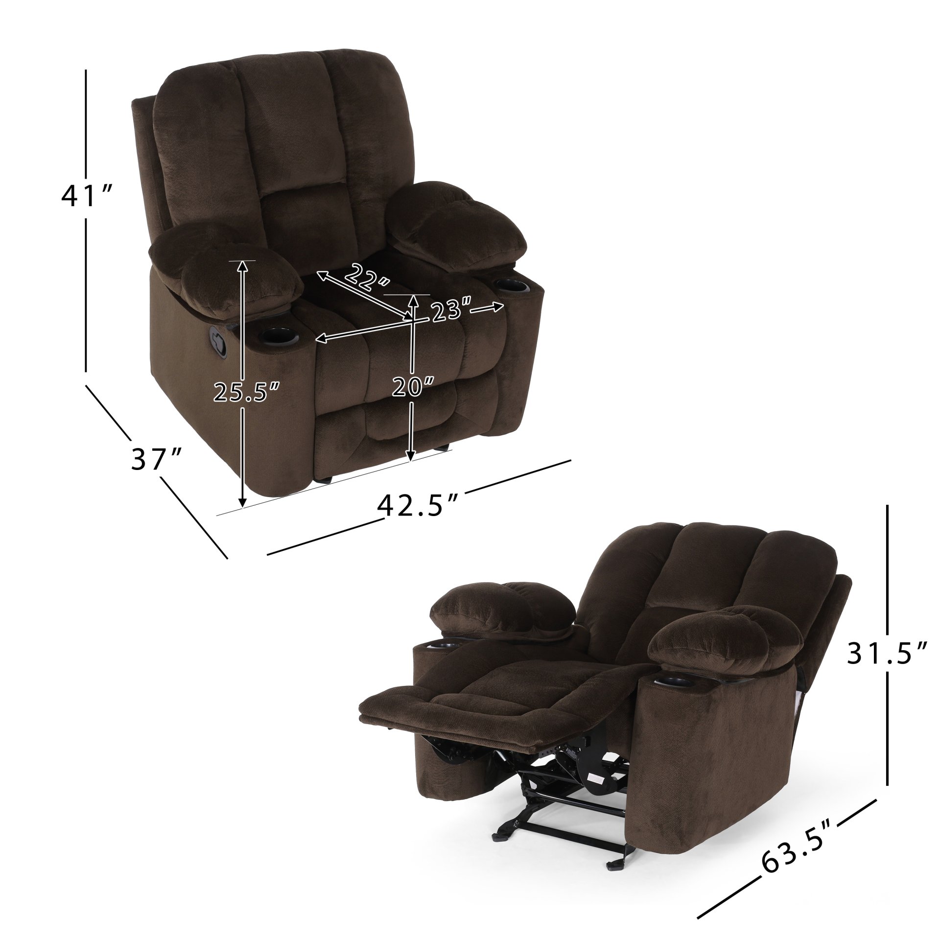 Luxurious Manual Recliner Chair With Skin-Friendly And Dual Cup Holders - Chocolate - Image 3