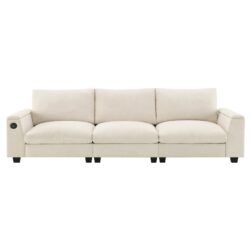 Sectional With Bluetooth Speaker Comfy Cloud Couch Set With Drop Down Table Cup Holders, USB Charger Storage Armrest Wide Seat Sofa - Beige